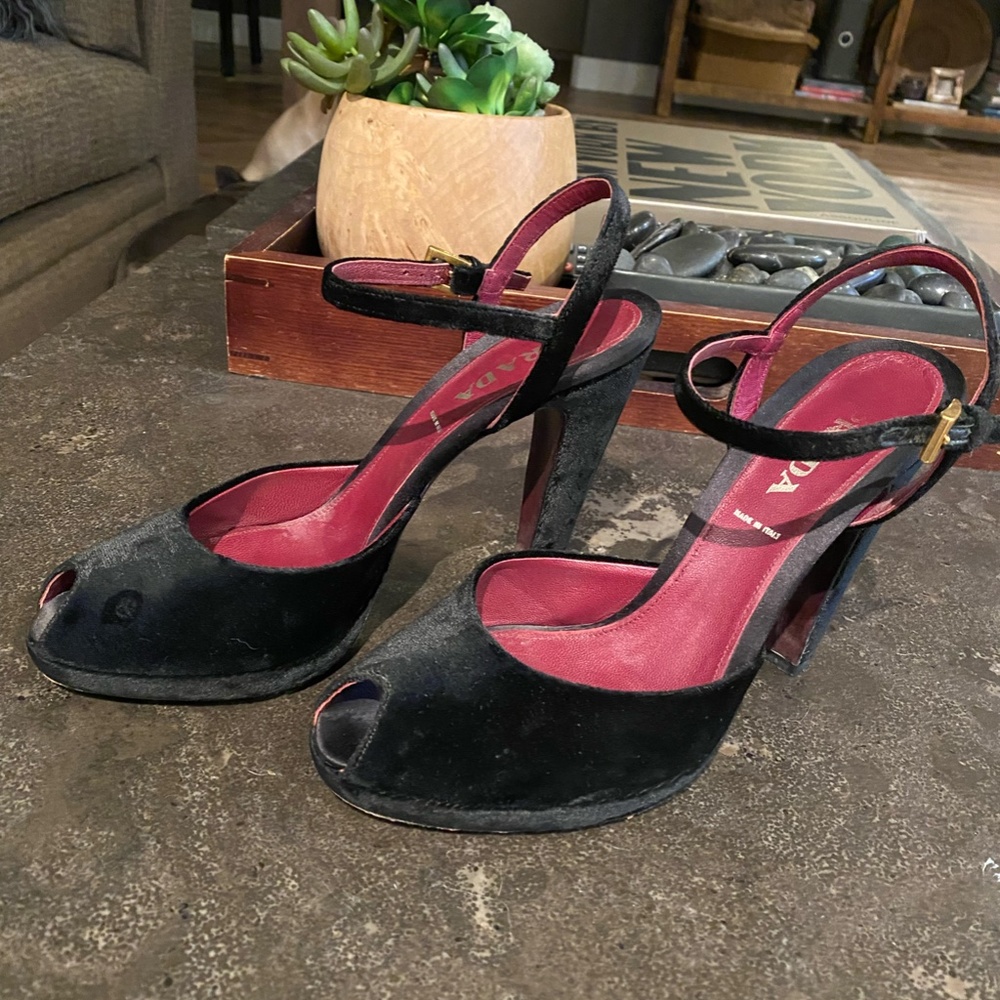 Prada velvet open toe peep shoes.